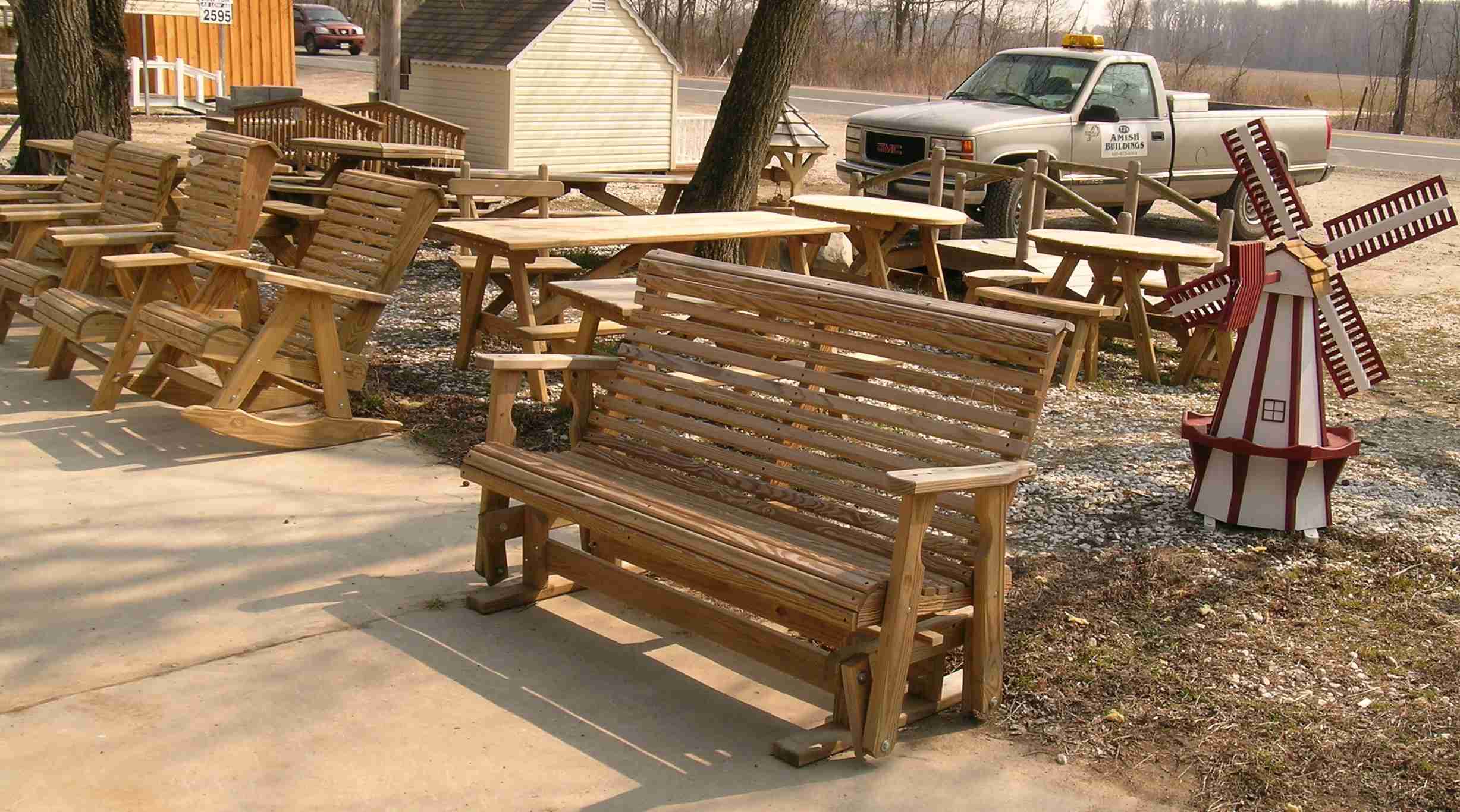 Glider, picnic table, rocking chair, bridge and windmill. Glider, picnic table, rocking chair, bridge and windmill.